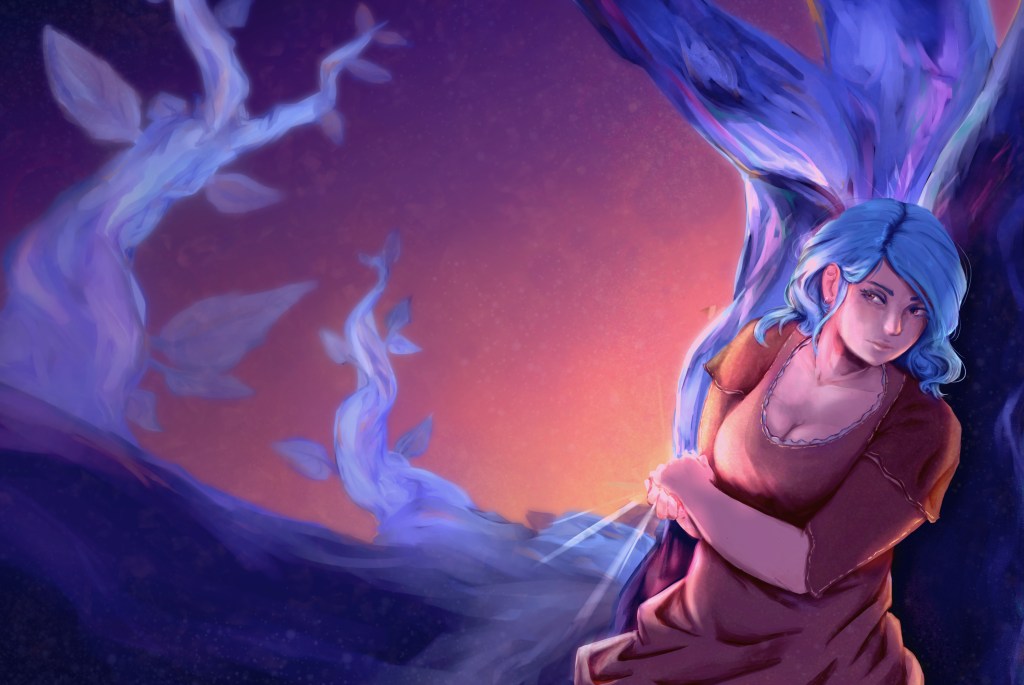 cover artwork for the book A Dance of Dusklight, but with all the text removed. The scene shows Celani—a pretty plus-sized woman with wavy blue hair—on the branch of an enormous, otherworldly-looking blue-and-pink tree, pressing herself flat against part of it. She's hiding, glancing back over her shoulder. In the background we see more of the Tree's branches, crystalline and blue. The sky is a dusky orange.
