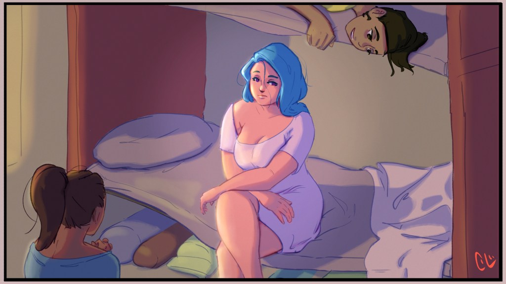 A drawing that shows Celani, a plus-size young woman with blue hair, sitting on a sagging cot in what is essentially a dorm room with several other girls. She’s wearing a long pale slip, has her legs crossed, and looks uncertain. We can see three other girls, two from behind, and one hanging over the side of the bunk above Celani’s. They look eager.