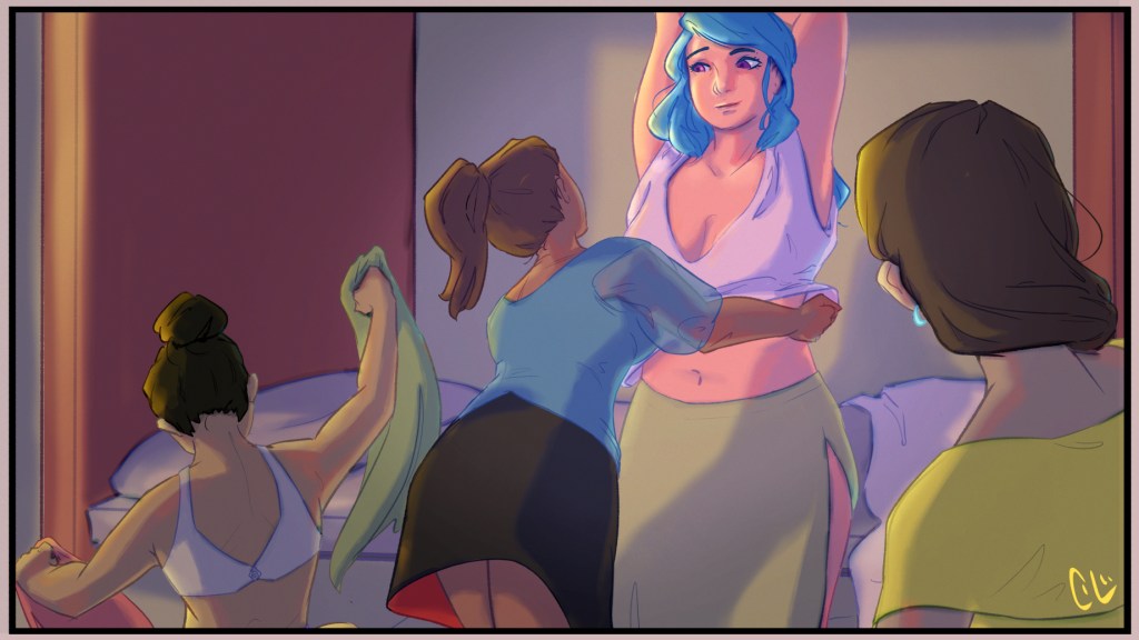 A continuation from the previous drawing, the other girls are excitedly going about getting Celani dressed. One sits on the floor, pulling out clothes to examine, and one is in the midst of pulling the slip up over Celani’s head. She is already wearing a skirt underneath.