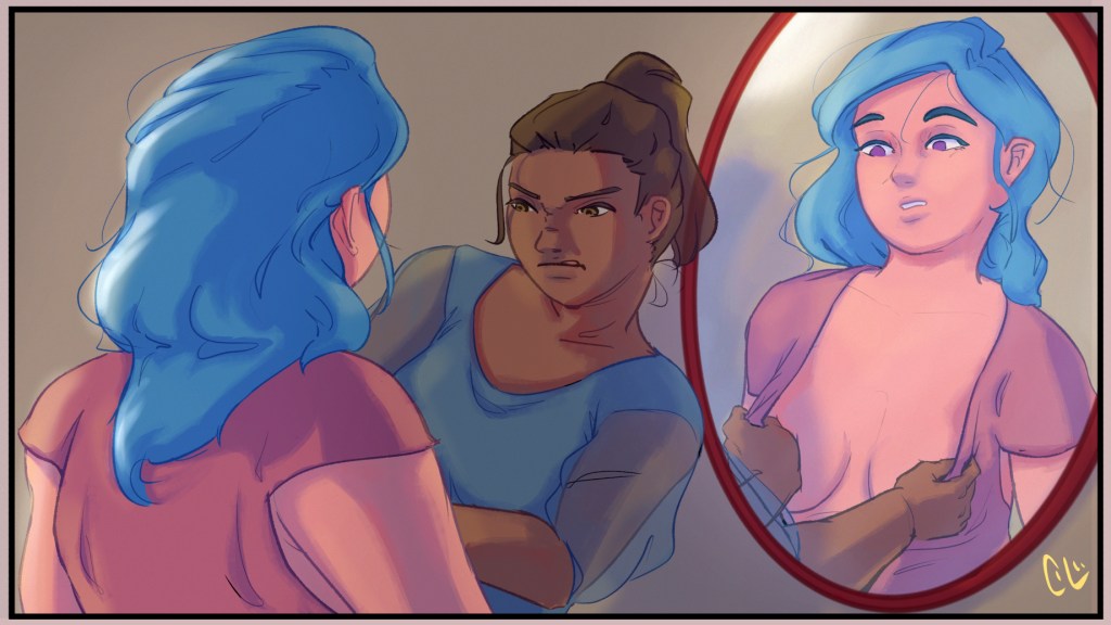 The third in the series shows Celani before a mirror while the girl previously shown dressing her adjusts Celani’s top, seen in the reflection. The top has a very low scooping neckline, and the girl pulls it just so it can cover the bare minimum amount of boobs. Celani looks surprised, anxious.