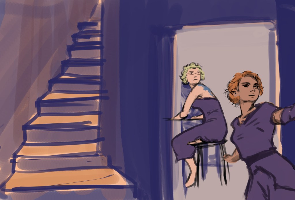 a rough sketch showing a door opening from a dark stairway corridor, illuminating two women in the room beyond the door. One is Luca—wild orange hair, pointy ears, brownish complexion—who is opening the door and looking out into the stairway, warily. The other is Ellarian—blonde curls, glasses, tattoos—in the background working at a desk. Both women are dressed modestly in purple stand-in clothing for the time being.